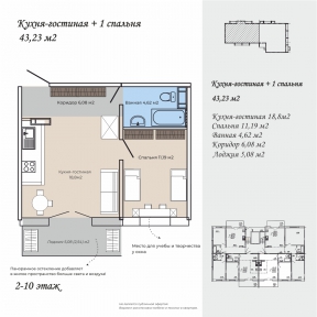 Кухня-гостиная 43,23  м²  правая 2-10 этаж прямая секция