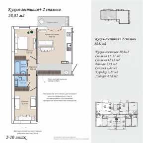 Кухня-гостиная 58,81 м²  2-10 этаж прямая секция